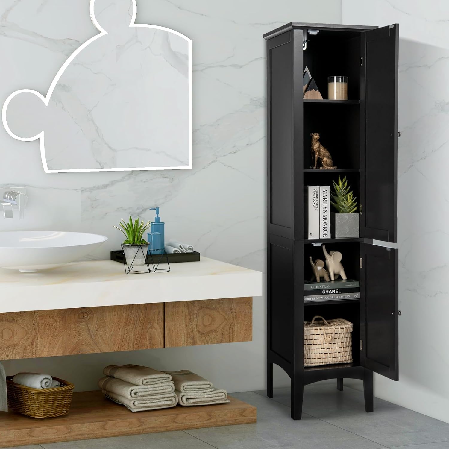 Tall Bathroom Storage Cabinet, 5-Tier Freestanding Linen Tower Cabinet with 2 Doors, Wooden Side Storage Organizer