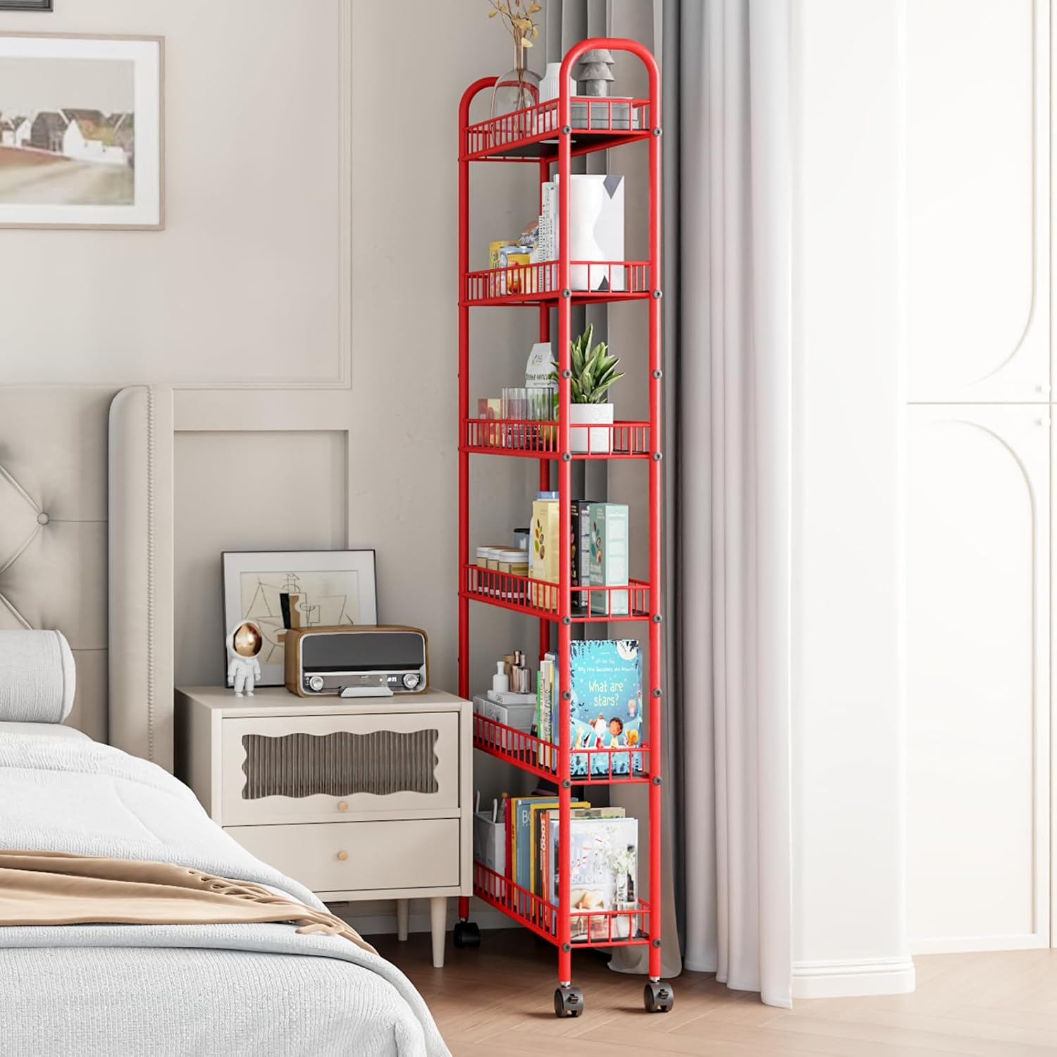 Slim Rolling Storage Cart 6 Tier, Metal Kitchen Storage Cart, Rolling Utility Cart with Lockable Wheels for Bathroom