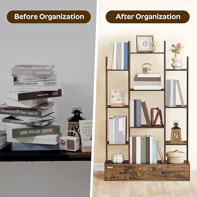 Bookcases and Bookshelves, 4-Tier Bookcase with 12 Shelves and 2 Drawers