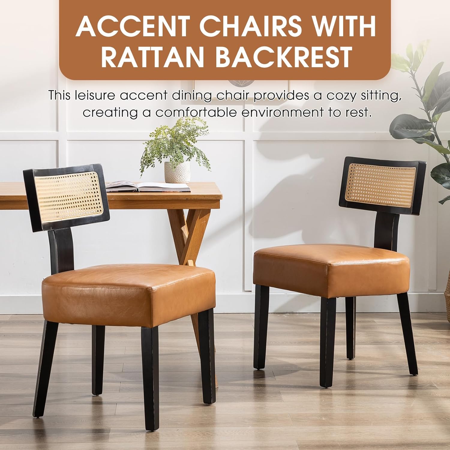 PU Leather Dining Chairs Set of 2, Modern Accent Chairs with Rattan Backrest, Armless Mesh Back Chairs, Leisure Lounge Chairs for Living Room, Dining Room (Brown PU)