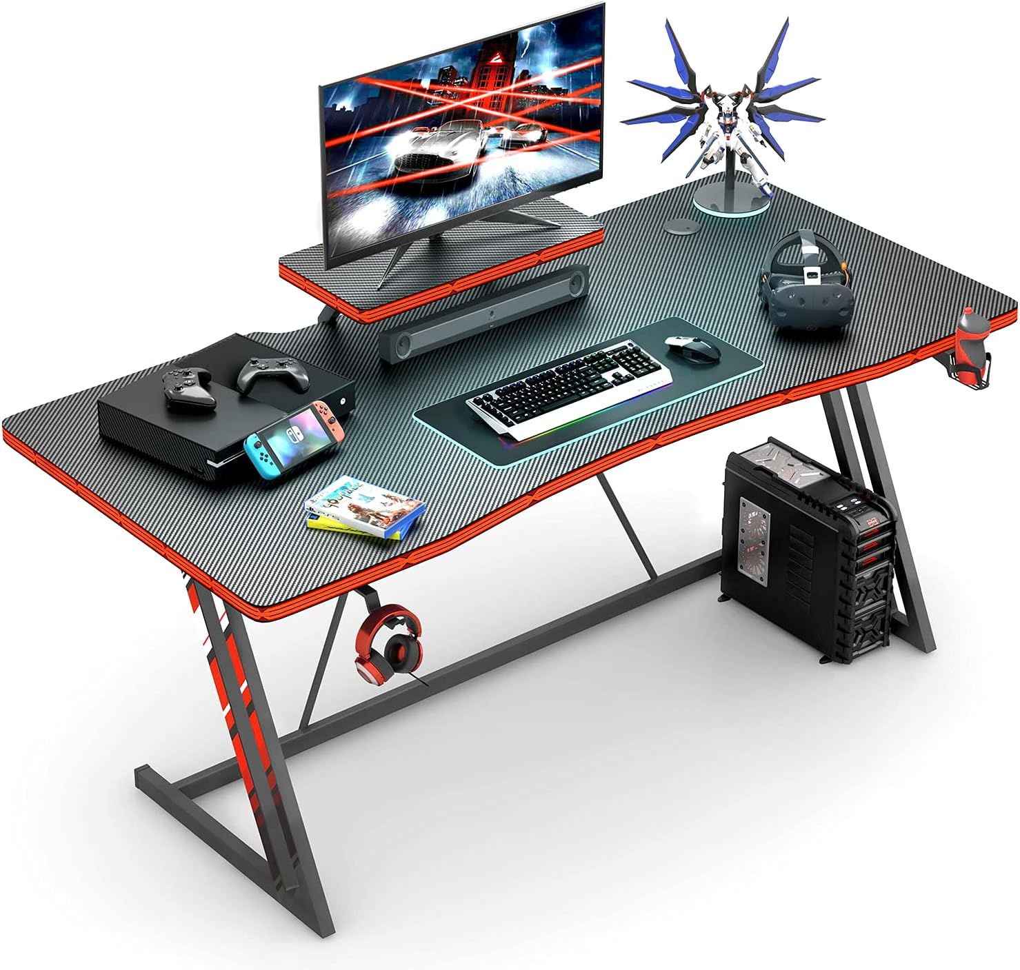 47 inch Gaming Desk PC Computer Table Racing Style Home Office Desk Z Shaped Carbon Fiber Desktop Gamer Workstation with Monitor Stand Cup Holder and Headphone Hook