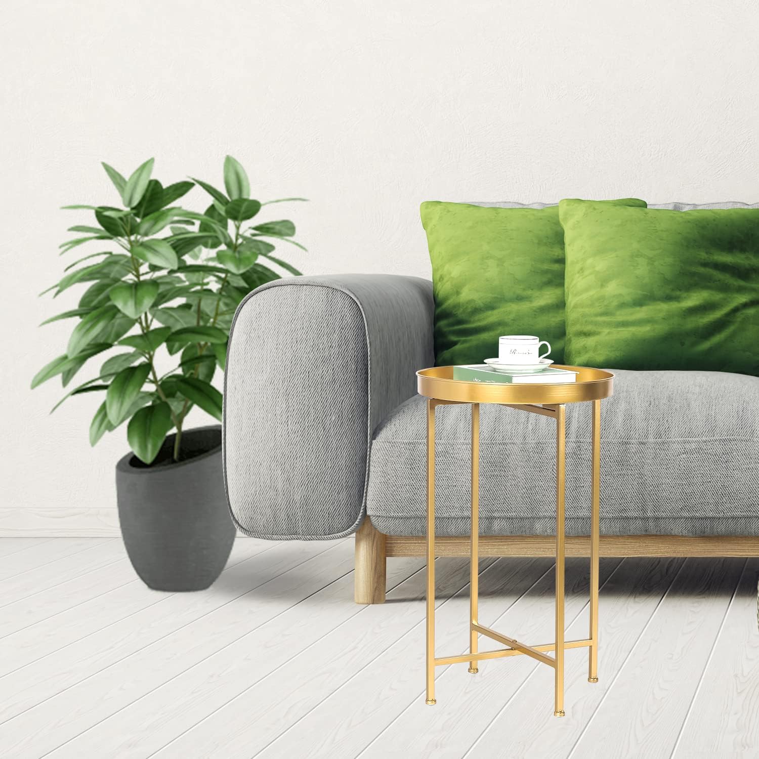 Round End Table Metal Folding Side Table Small Bedside Table Nightstand with Removable Tray Top