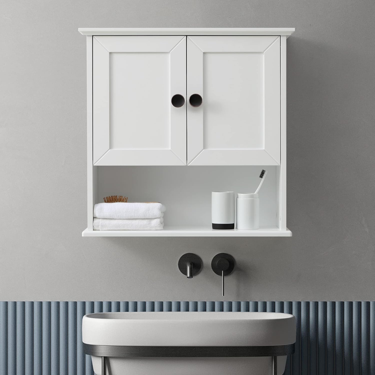 Bathroom Wall Cabinet Wooden Medicine Cabinet Buffering Hinge MDF Material Storage Organizer