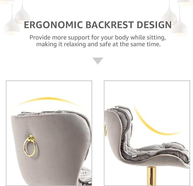 ERGONOMIC-DESIGNED BACKREST - This bar stool is made of gold metal and velvet fabric, stylish style to create a very eye-catching design. Its ergonomic-designed backrest and footrest can provide more support for your body while sitting. The cushioned bar