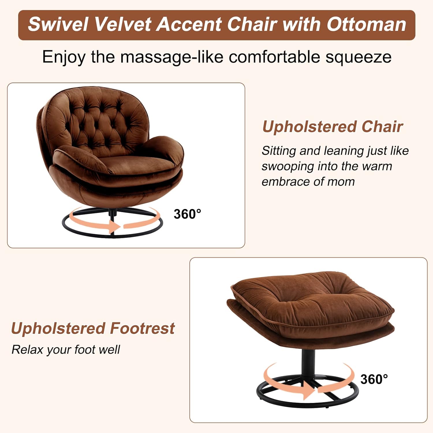 Swivel Velvet Accent Chair with Ottoman, Upholstered Lounge Chair with Footrest Comfy with 360° Swiveling Cushioned Recliner Armchair for Living Room Bedroom Office (Brown)