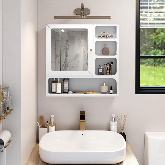 24" Bathroom Medicine Cabinet with Mirror, Wall Bathroom Storage Cabinet with Mirror Door and 4 Open Shelves