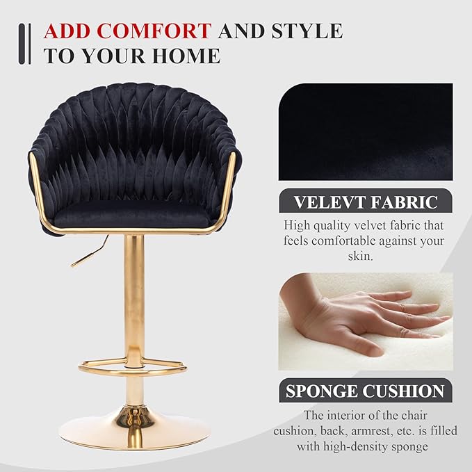 Velvet 360° Swivel Bar Stools with Hand Woven Backrest Design Upholstered Adjustable Counter Bar Stool with Golden Bracket Back and Footrest Bar Chair for Kitchen, Pub (1, Black)