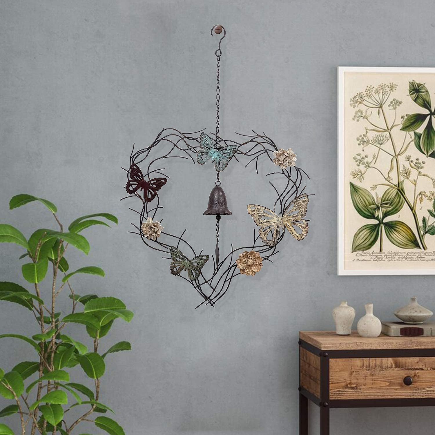 Flower and Butterfly Wind Chimes Metal Wall Hanging Decor for Nature Home Art