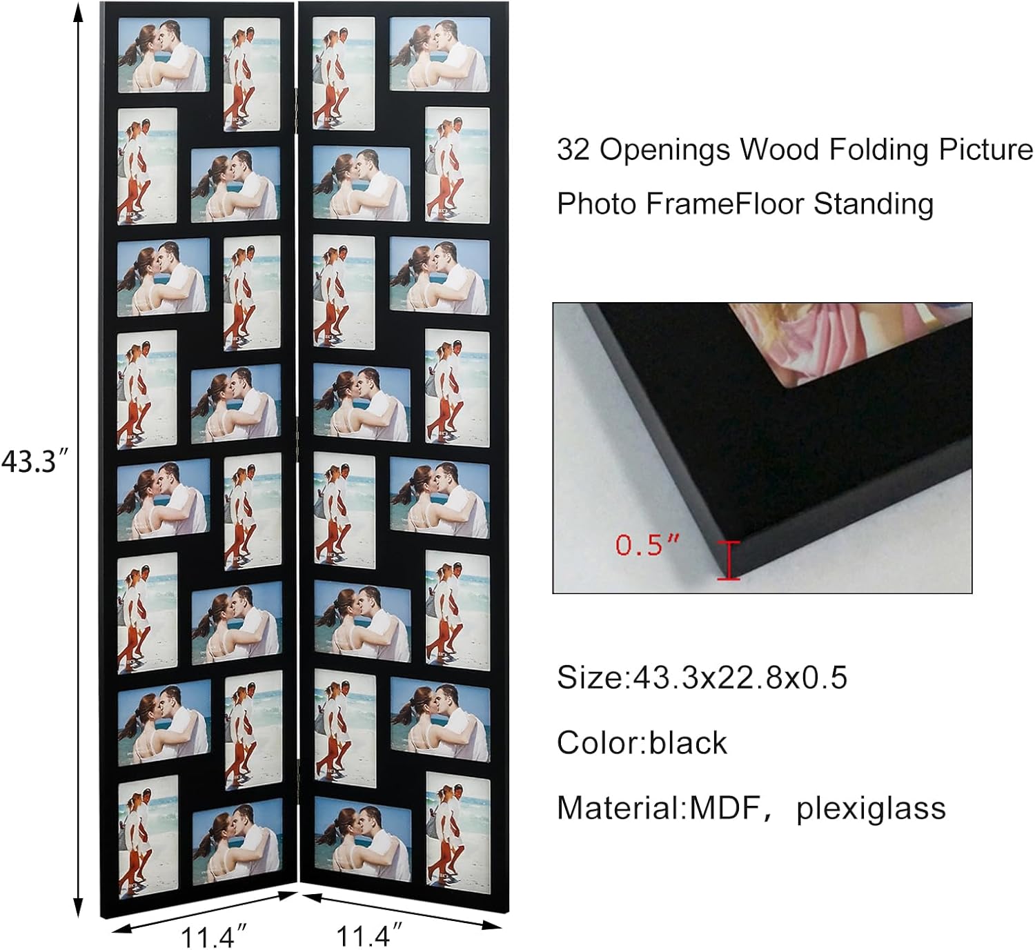 Black Wood Hinged Folding Screen-Style Collage Picture Photo Frame 32 Openings