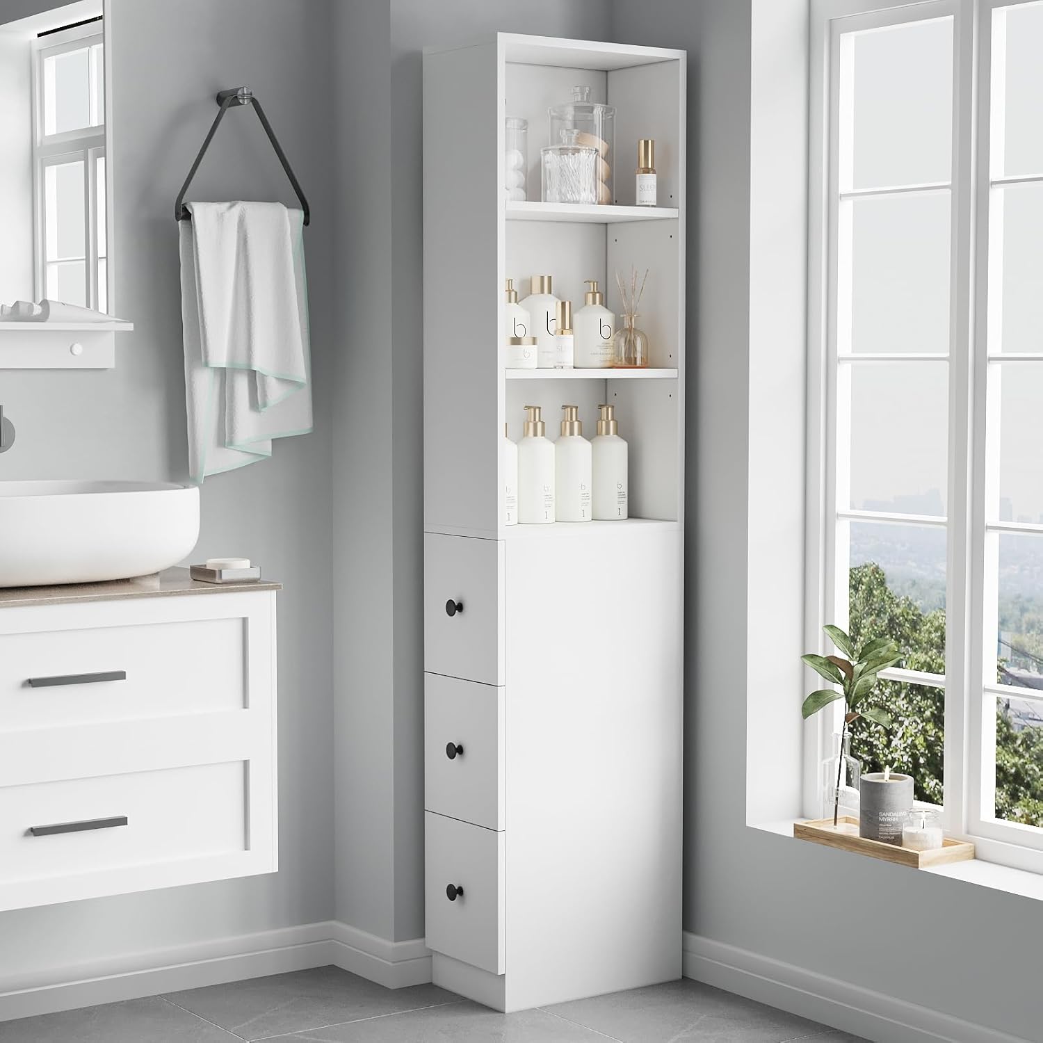 Storage Cabinet Tall Narrow Bathroom with 3-Level Adjustable Shelves Bathroom Cabinets Free Standing Home Space Saver