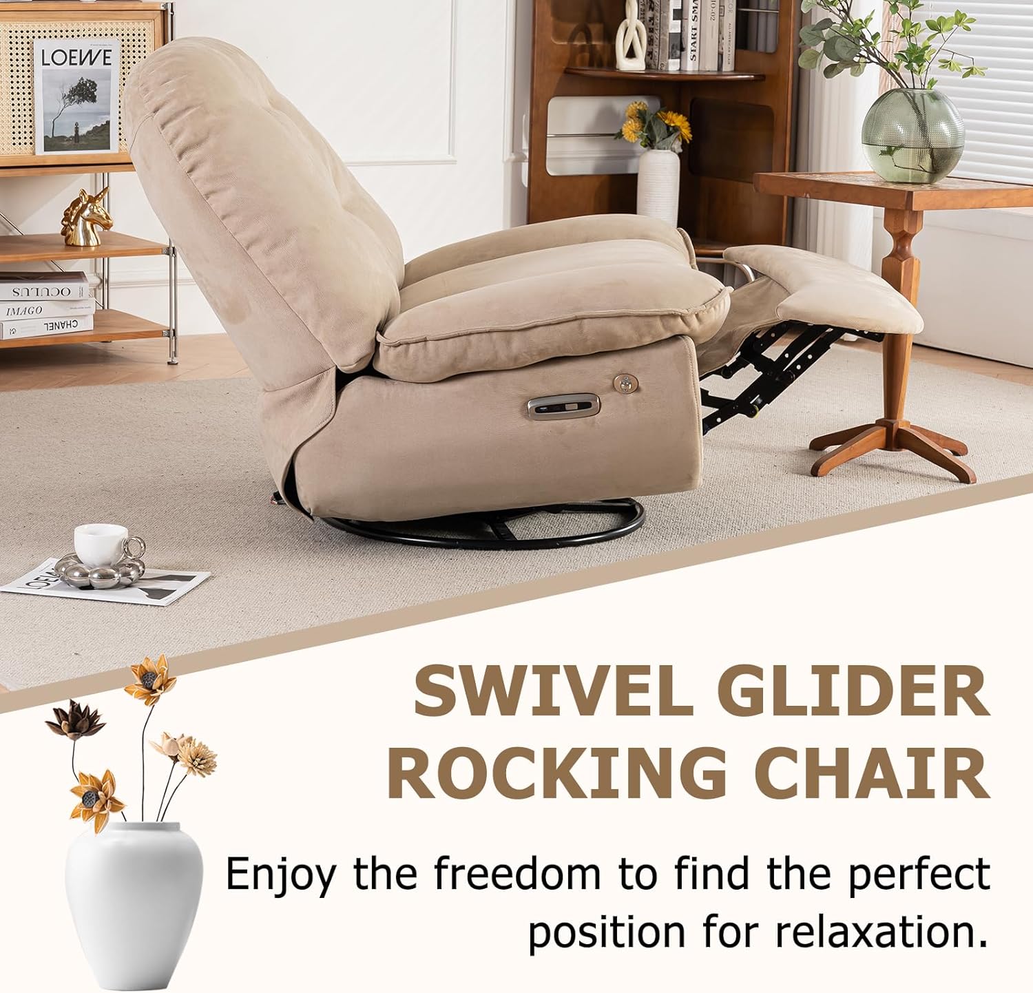Electronic Recliner, 360 Degree Swivel Glider Rocking Chair with USB Charger, Swivel Single Sofa Seat with Bluetooth, Home Theater Recliner Seat with Phone Holder (Camel)