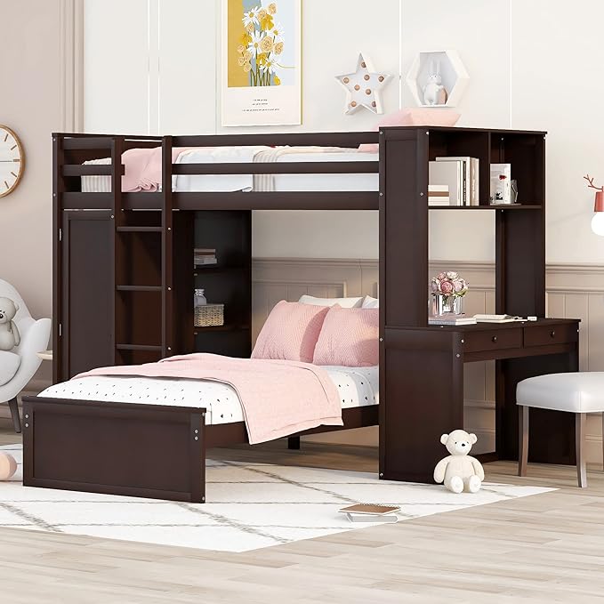Loft Bed with Desk and Wardrobe Twin Over Twin Loft Bunk Beds Frame with Storage Drawers and Bookcase Wood All in One Beds for Kids Boys Girls Teens, Espresso