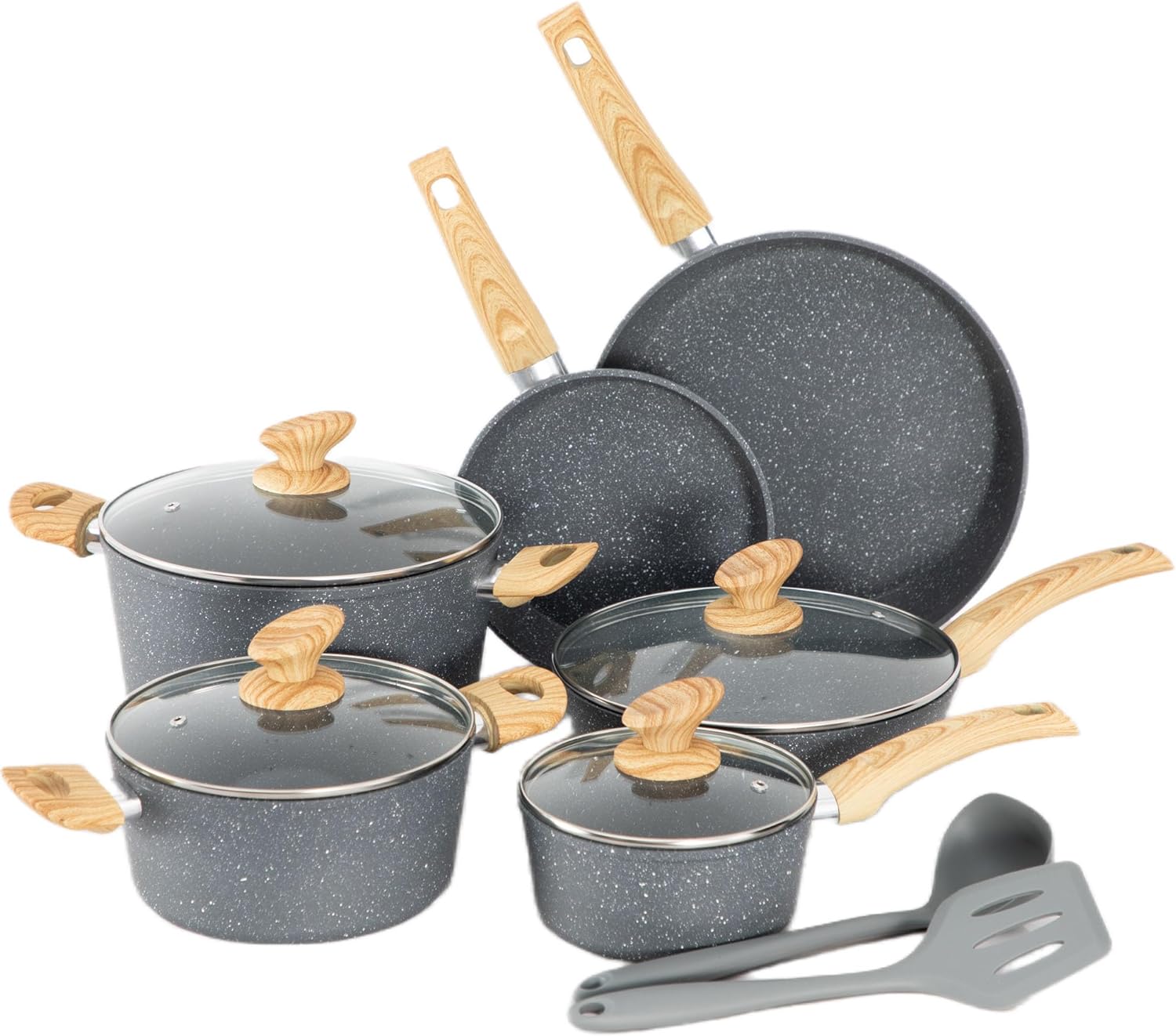Pots and Pans Set Non Stick, 12 Piece Kitchen Cookware Sets, Grey Granite Induction Compatible Cookware Set, Pot and Pan Sets for Cooking Nonstick