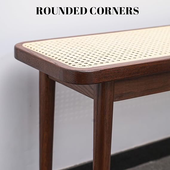 Wood Dining Bench,100% Natural Solid Oak Bed Bench with Rattan Design, Rounded Edge, Bench for Entryway Hall, Dining Room,Bedroom, Living Room (Walnut Color, 47.24 inch)
