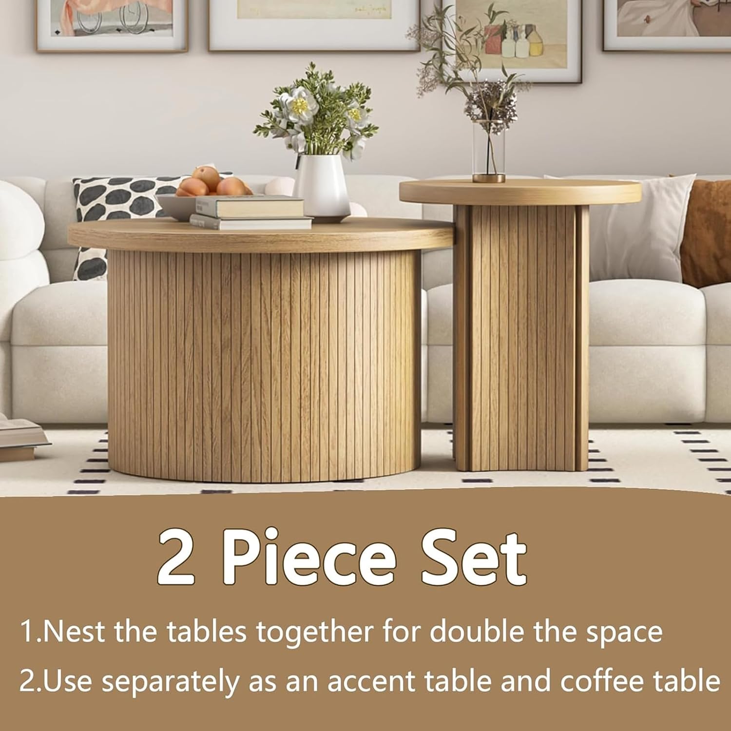 Set of 2 Nesting Coffee Tables Farmhouse,Round Coffee Tables Living Room,Wood Finish Coffee Table Set