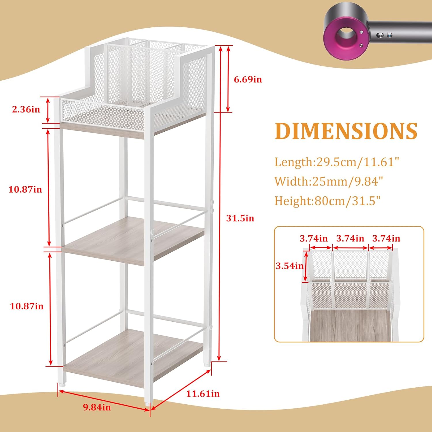 Hair Tool Organizer Bathroom Storage Shelf 3-Tier Hair Dryer Holder with 3 Grids - Makeup Organizer Slim Floor Stand