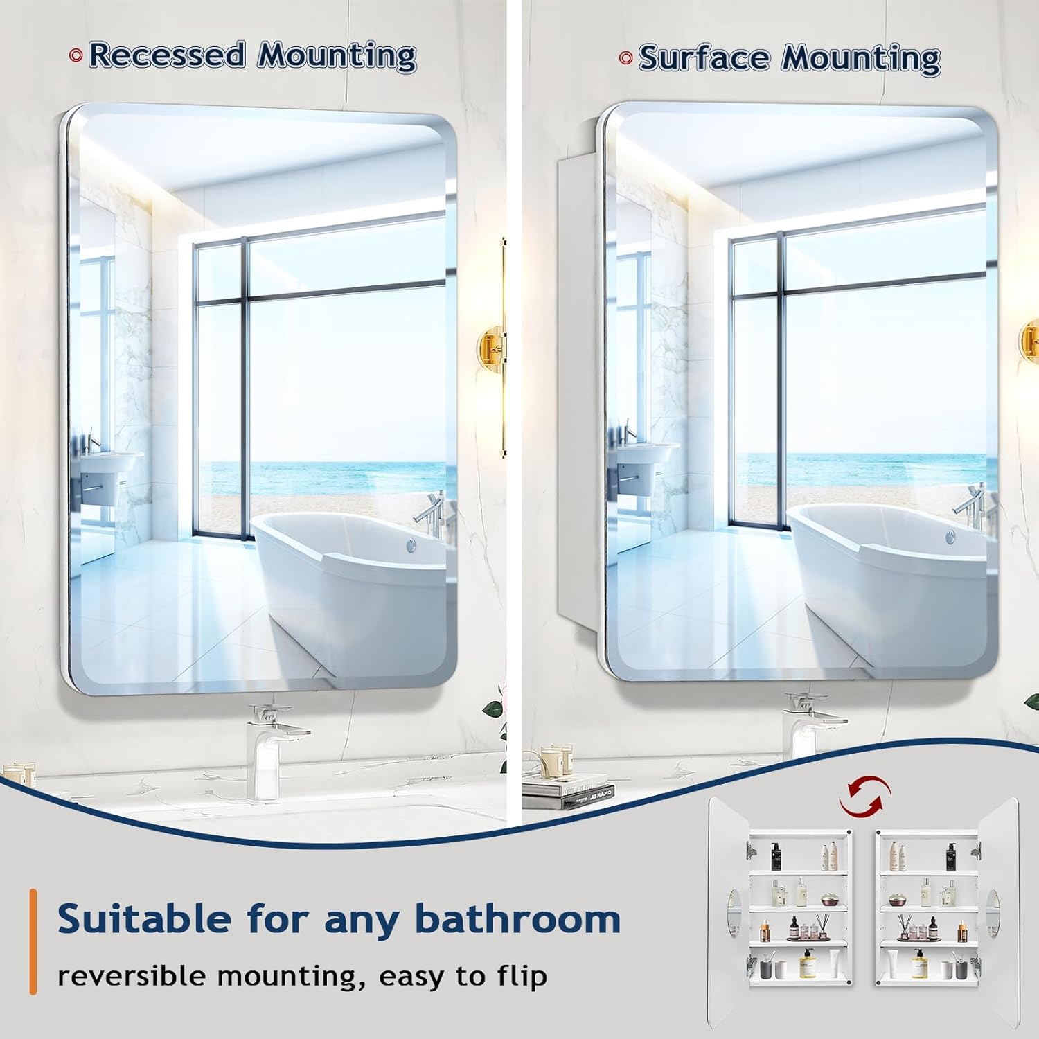 White Medicine Cabinet Mirror for Bathroom, 16x29 Inch Recessed Medicine Cabinet or Surface Mount