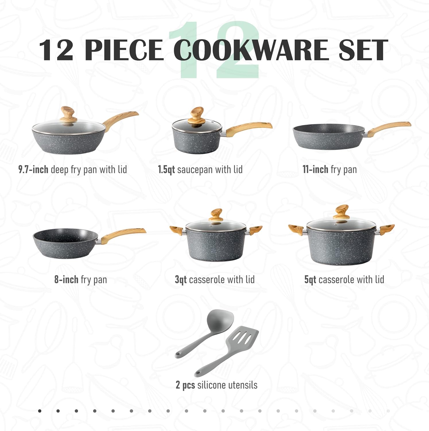 Pots and Pans Set Non Stick, 12 Piece Kitchen Cookware Sets, Grey Granite Induction Compatible Cookware Set, Pot and Pan Sets for Cooking Nonstick