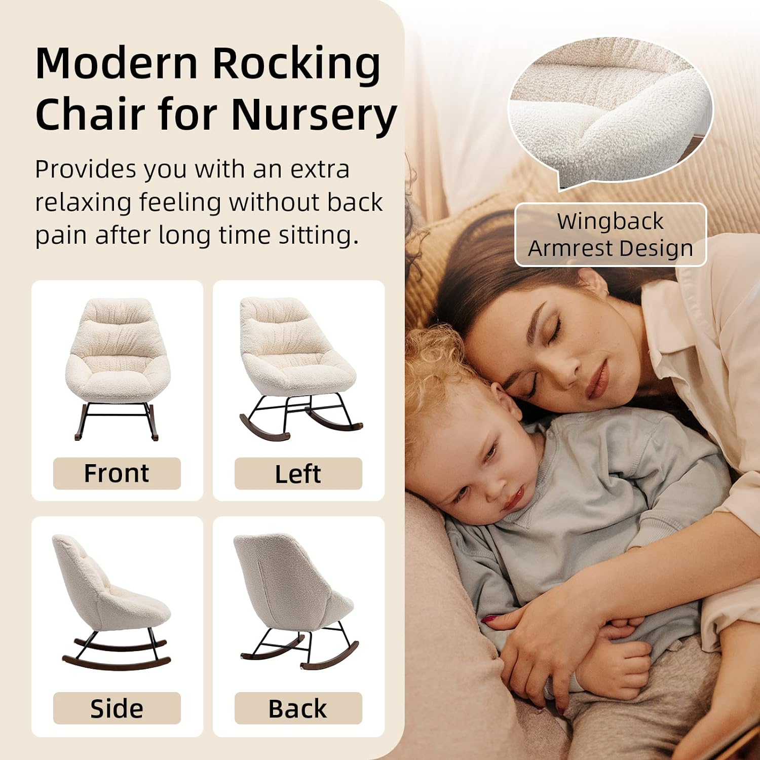 Nursery Rocking Chairs, Accent Rocking Chair with Solid Metal Legs, Upholstered Velvet Glider Rockers with High Backrests for Mom, Gifts, Living Room, Bedroom (Beige Boucle)