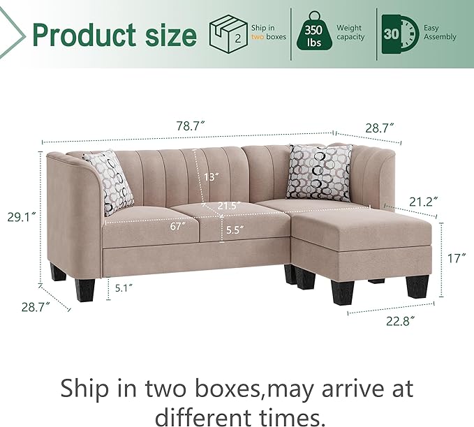Upgraded Convertible Sectional Sofa Couch, 3 Seat L Shaped Sofa with High Armrest Linen Fabric Small Couch Mid Century for Living Room, Apartment and Office (Beige)