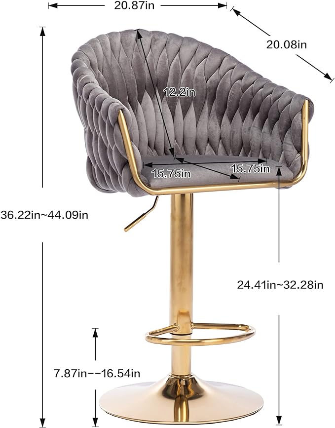 Velvet 360° Swivel Bar Stools with Hand Woven Backrest Design Upholstered Adjustable Counter Bar Stool with Golden Bracket Back and Footrest Bar Chair for Kitchen, Pub (1, Grey)