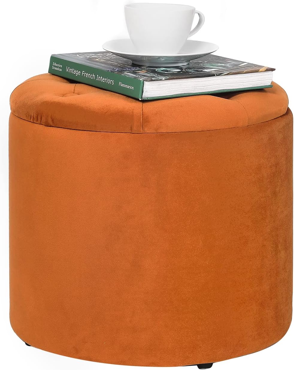 14.6" Orange Round Storage Tufted Ottomans with Removable Lid