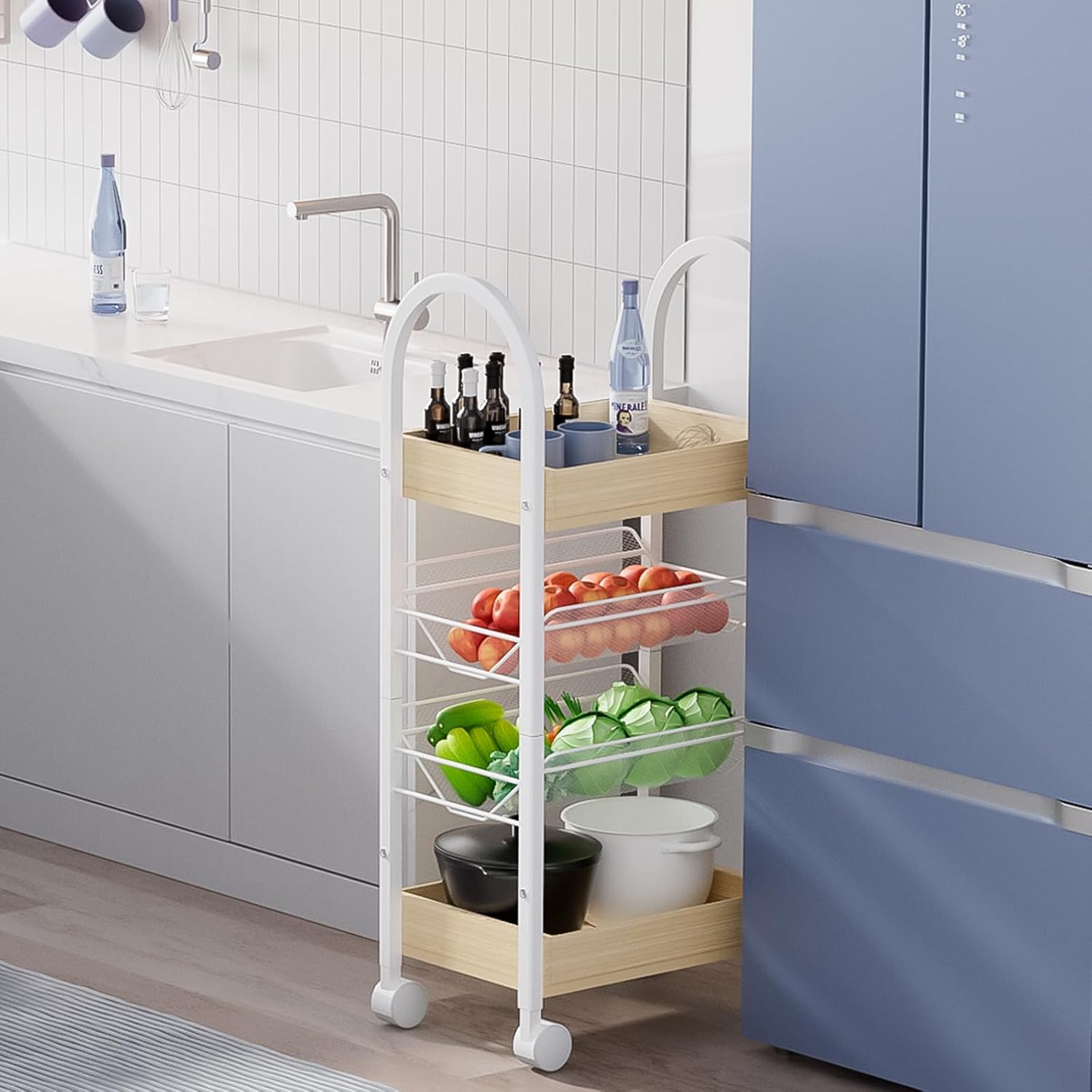 Small Bathroom Storage Cart Organizer - 4-Tier Narrow Rolling Cart Organizer with Wheels,2 Metal Basket,2 Wooden Tray