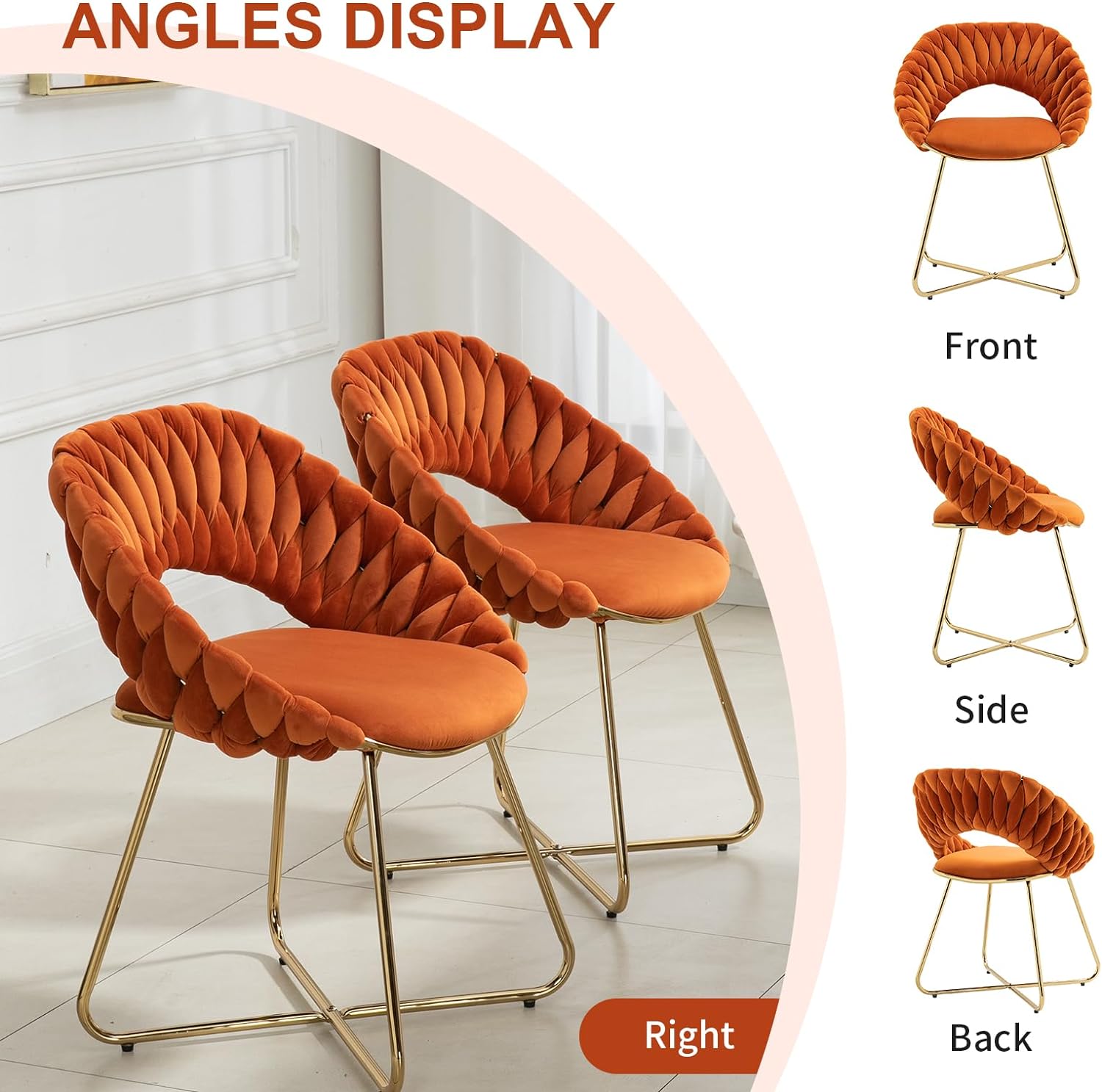 Dining Chairs Set of 2, Hand Weaving Makeup Chairs, Velvet Upholstered Living Room Chairs with Gold Legs, Accent Side Chairs for Dining Room, Kitchen, Bedroom, Vanity (Orange)