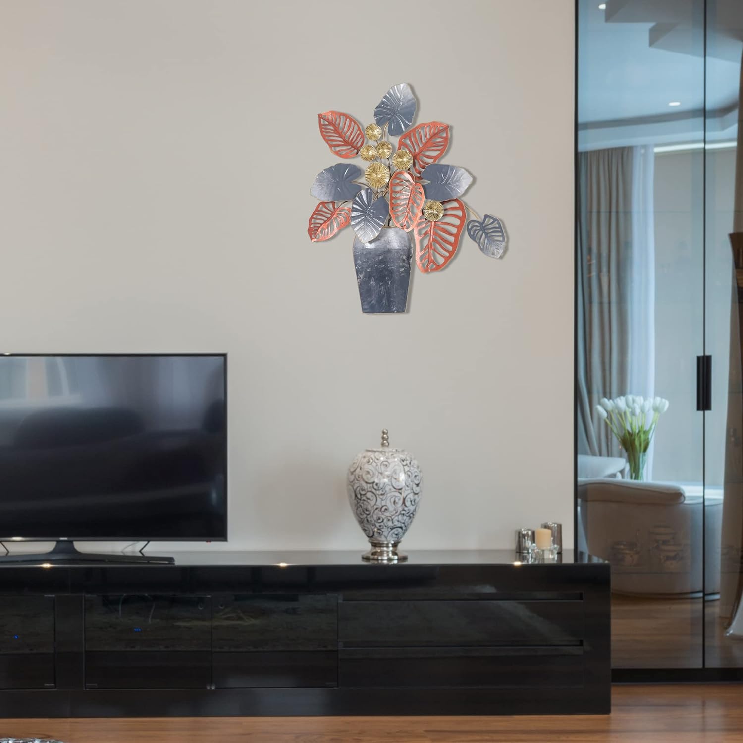 19 inch Metal Leaf Wall Decor in Vase Home Wall Art Sculptures