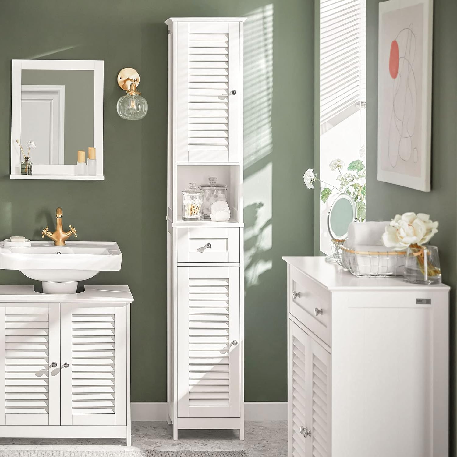 Tall Bathroom Storage Cabinet with Shelves and Drawers, Freestanding Linen Cabinet with Adjustable Shelves