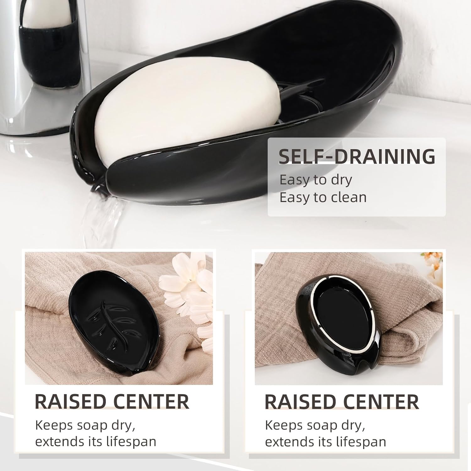 Self Draining Soap Dish, Leaf Shape Ceramic Bar Soap Holder Drain Soap Dishes for Bathroom Sink Kitchen, Easy to Clean Keeps Soap Dry