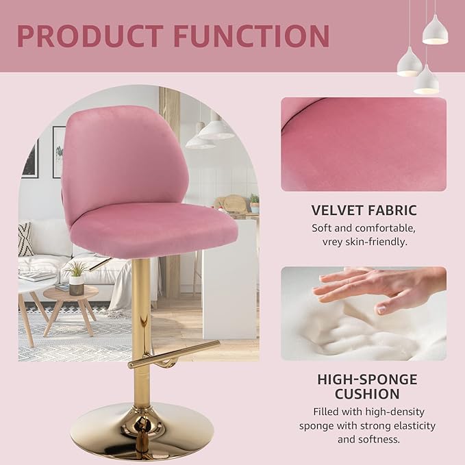 Modern Velvet Bar Stools Set of 2, Swivel Barstools with Golden Legs, Back Ring Design, Kitchen Island Chairs, Counter Height Stool for Home Bar, Kitchen Island,Pub, Cafe (Pink)