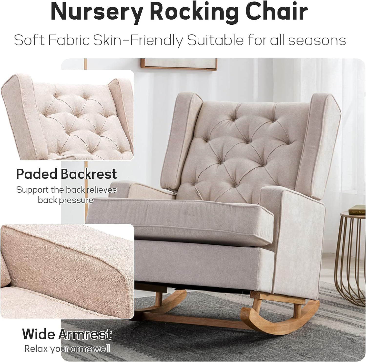 Nursery Rocking Chair Upholstered Rocking Accent Chair Glider Rocker Linen Padded Seat with High Backrest Armchair Comfy Side Chair for Living Room Bedroom Offices (Beige)