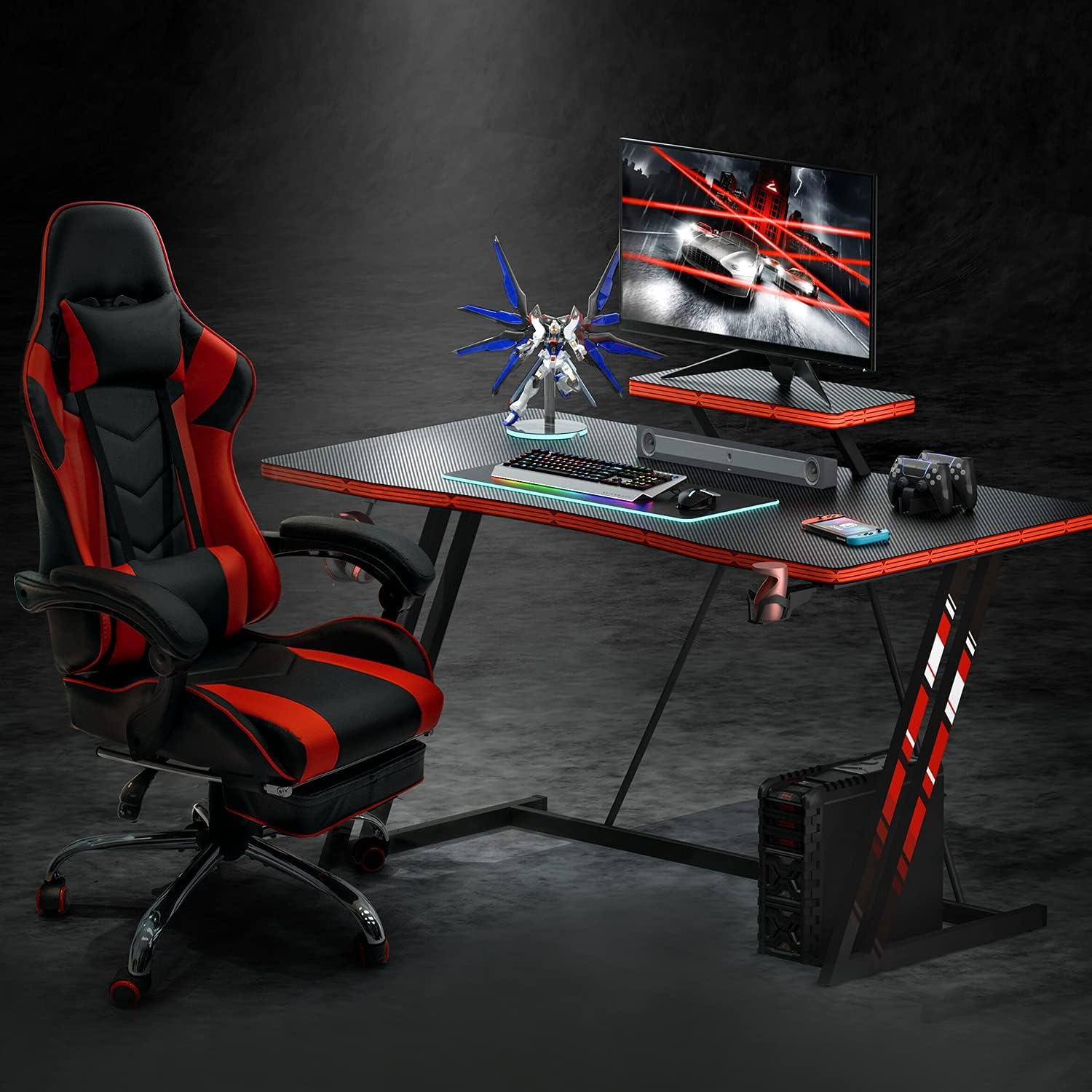 47 inch Gaming Desk PC Computer Table Racing Style Home Office Desk Z Shaped Carbon Fiber Desktop Gamer Workstation with Monitor Stand Cup Holder and Headphone Hook