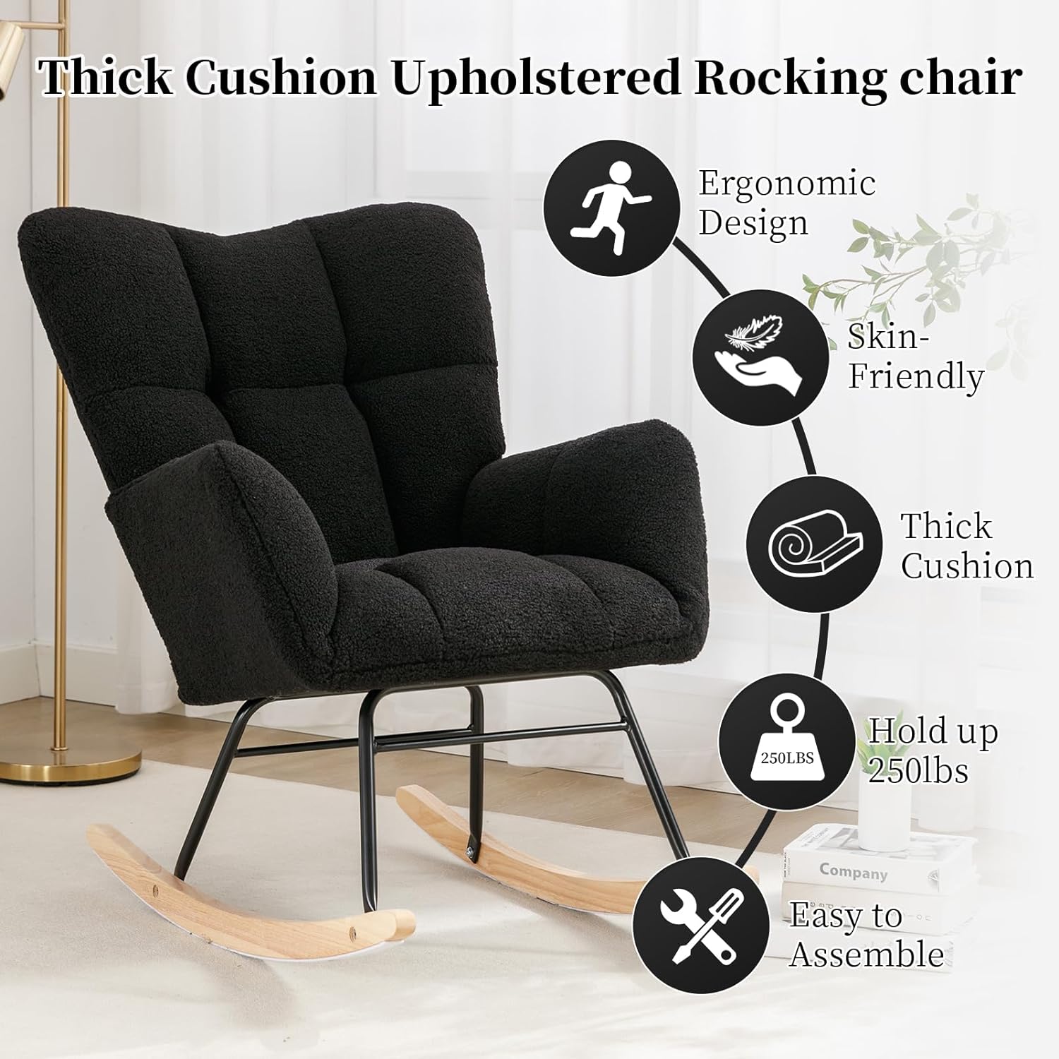 Nursery Rocking Chair Teddy Upholstered Glider Rocker Rocking Accent Chair Padded Seat with High Backrest Armchair Comfy Side Chair for Living Room Bedroom Offices (Ivory Teddy)