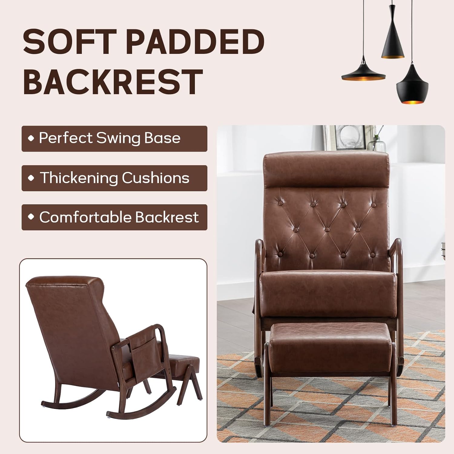 Nursery Rocking Chairs with Ottoman, Upholstered Glider Chair with Rubber Wood Legs and Side Pocket, Mid-Century Rocking Accent Chair for Living Room Bedroom (Brown PU)