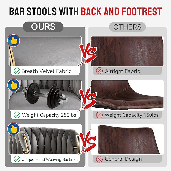 Bar Stools Set of 2 with 360° Swivel Hand Woven Backrest Design Upholstered Adjustable Counter Velvet Bar Stool with Golden Bracket Back and Footrest Bar Chair for Kitchen, Pub (Grey)