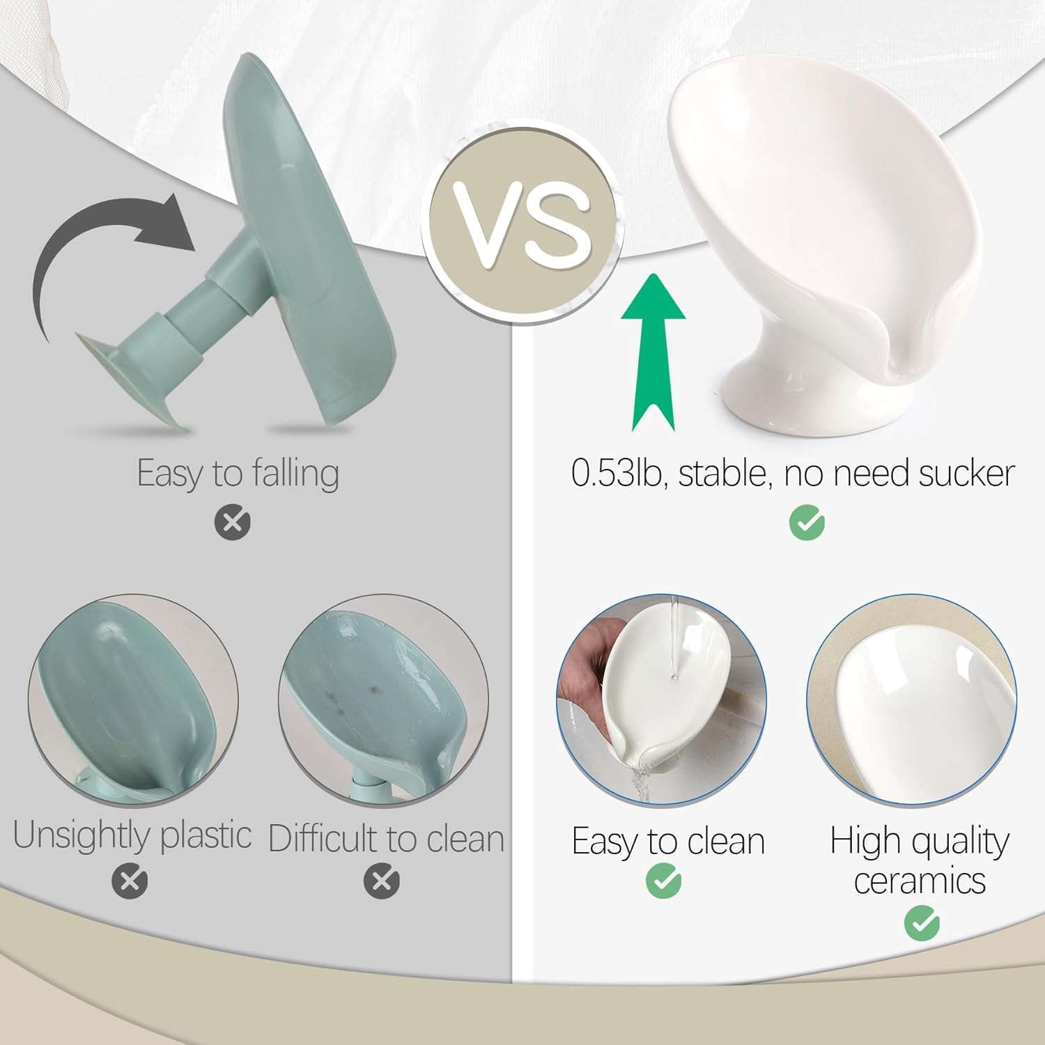 Soap Holder Self Draining Leaf Shape Ceramic Soap Dishes, Cream White Draining Soap Dish for Bathroom Shower