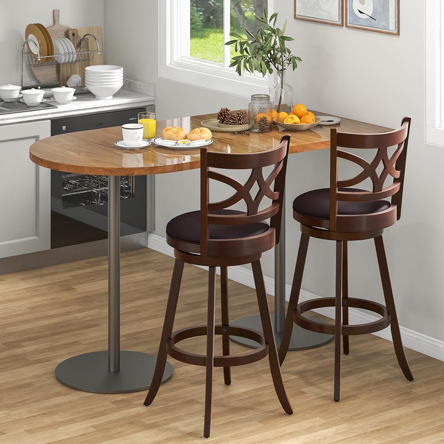 Swivel Bar Stools Set of 2, 30" Bar Height Wooden Stools with Padded Seat, Farmhouse Bar Dining Chairs with Rubber Wood Frame, Upholstered Armless Barstools for Kitchen Island Home Bar
