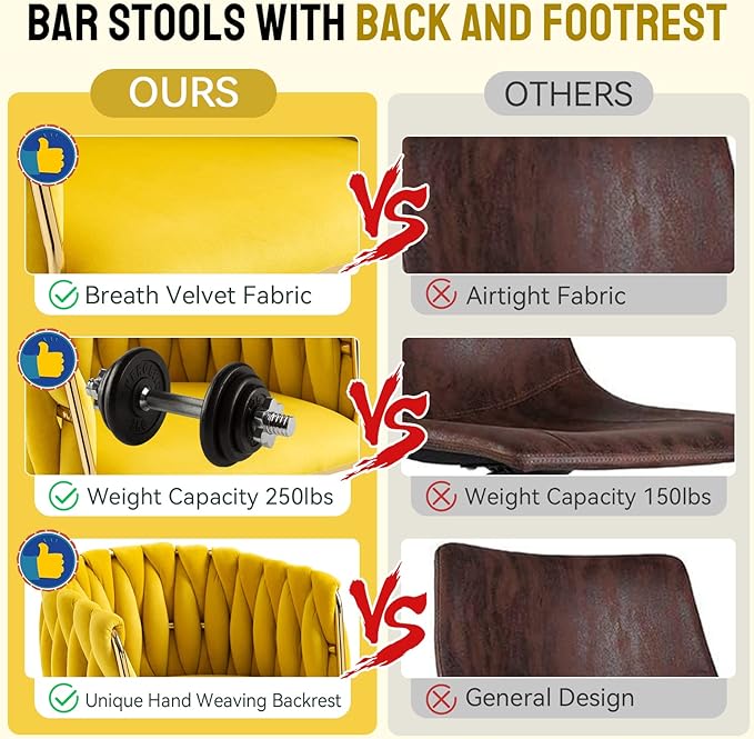 Bar Stools Set of 2 with 360° Swivel Hand Woven Backrest Design Upholstered Adjustable Counter Velvet Bar Stool with Golden Bracket Back and Footrest Bar Chair for Kitchen, Pub (Mustard)