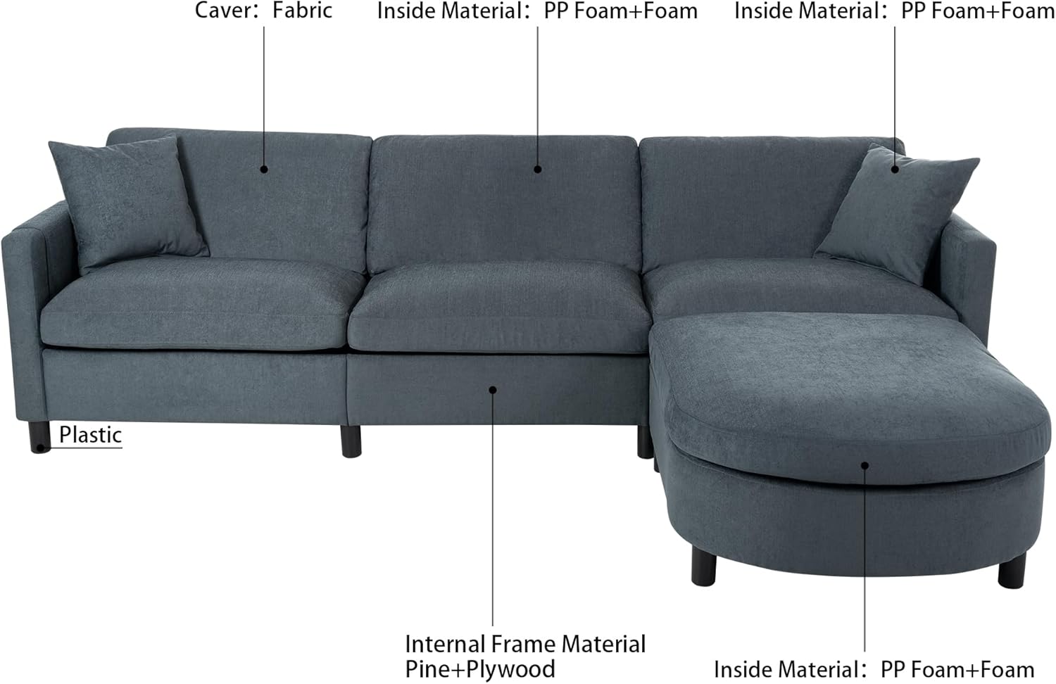 107.87'' Sectional Sofa Couch with Curved Convertible Ottoman for Living Room