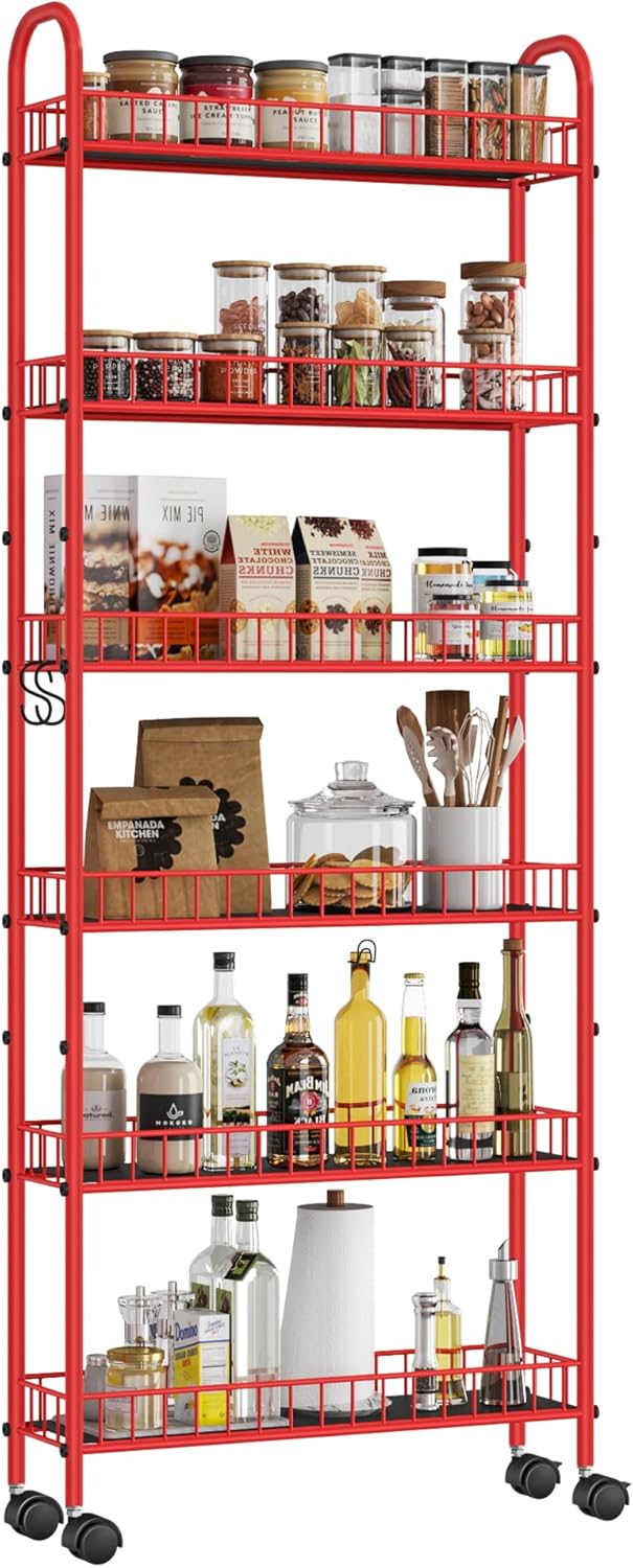 Slim Rolling Storage Cart 6 Tier, Metal Kitchen Storage Cart, Rolling Utility Cart with Lockable Wheels for Bathroom