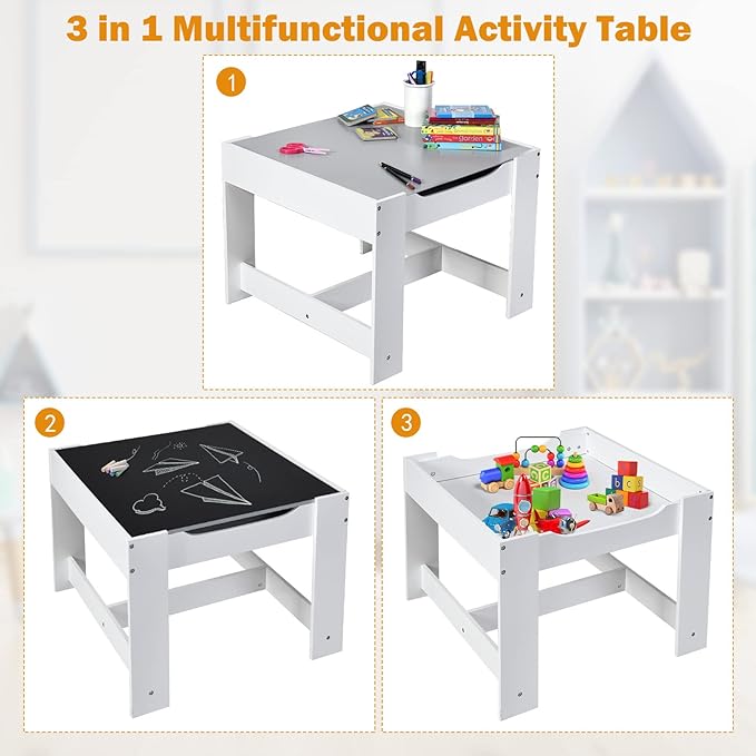 Kids Table and Chair Set, 3 in 1 Wood Children Desk Set