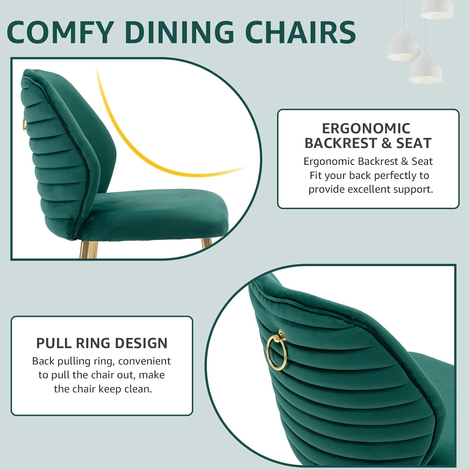 Velvet Dining Chairs Set of 2, Modern Upholstered Accent Chairs, Comfy Tufted Side Chair with Gold Legs and Ring Pull for Kitchen Vanity Living Room Bedrooms (Green)