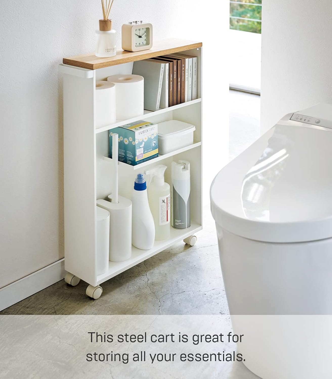Rolling Slim Bathroom Utility Cart with Handle - Storage Shelf Narrow Organizer Rack Steel One Size White