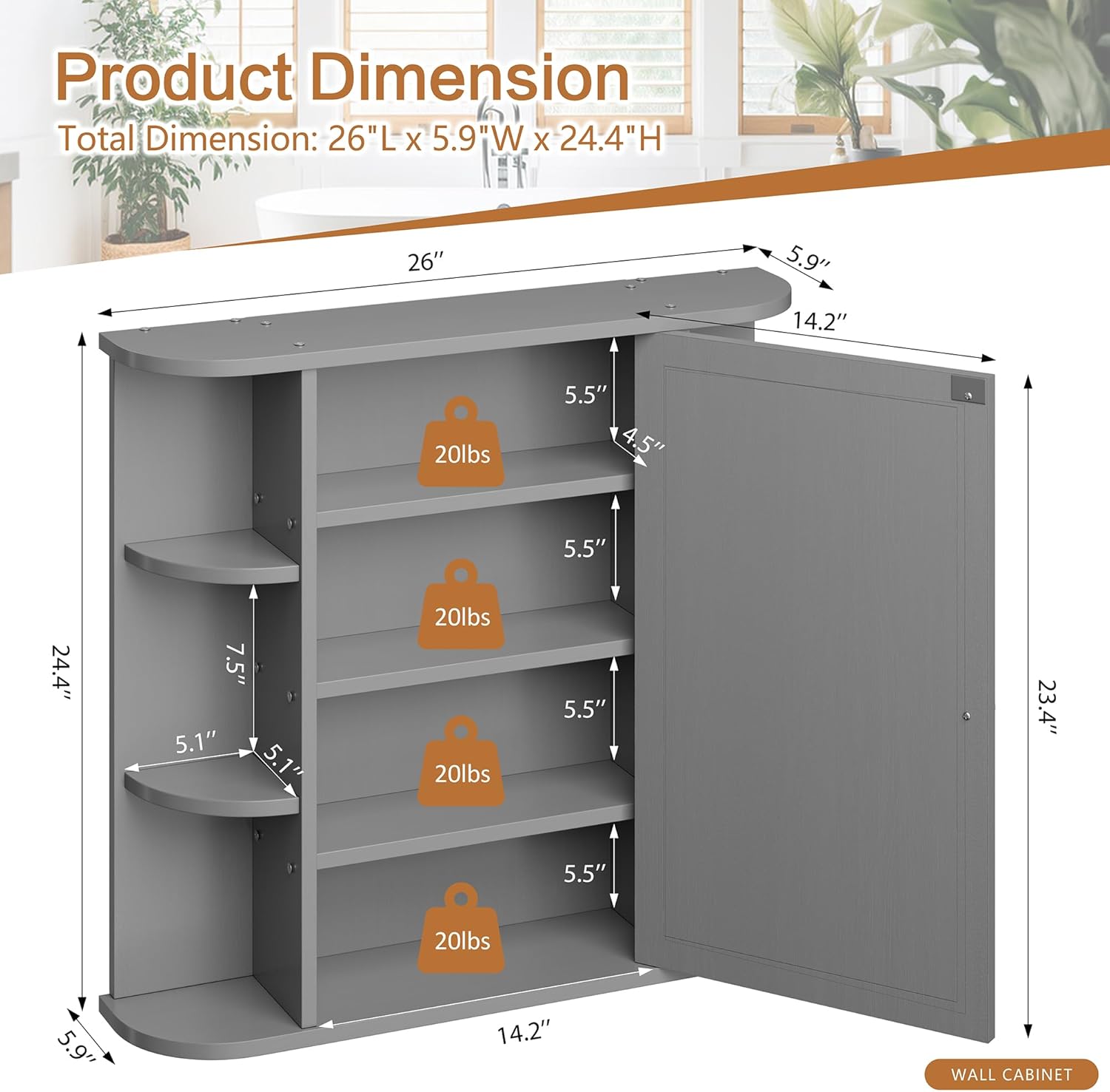 Bathroom Mirror Cabinet Wall Mounted, Bathroom Medicine Cabinet with Mirror and 6 Open Shelves