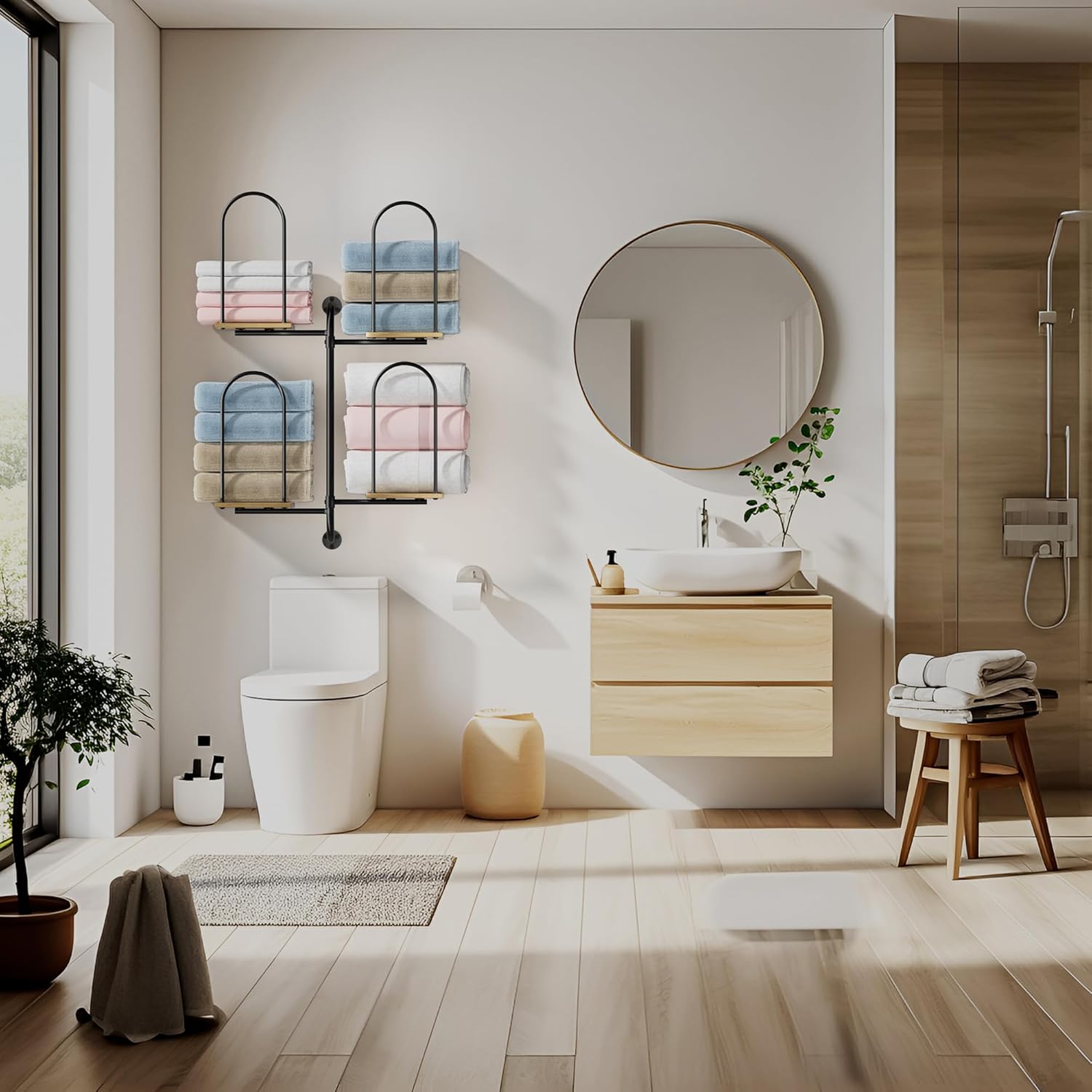 Towel Rack for Bathroom, Large Capacity Towel Holder for Bathroom Wall, Sturdy Wood for Rolled & Folded Towels