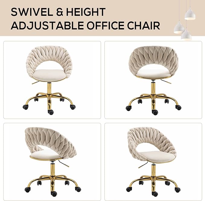 Swivel Velvet Home Office Chair, Upholstered Desk Chair, Modern Accent Armchair, Tufted Computer Task Stools with Gold Base for Girls, Women, Study, Living Room (Ivory)