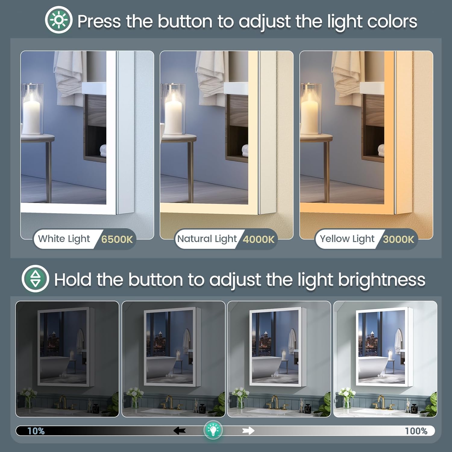 16x24 Inch Medicine Cabinet with Lights, Lighted Medicine Cabinet with Mirror, AL Alloy Frame