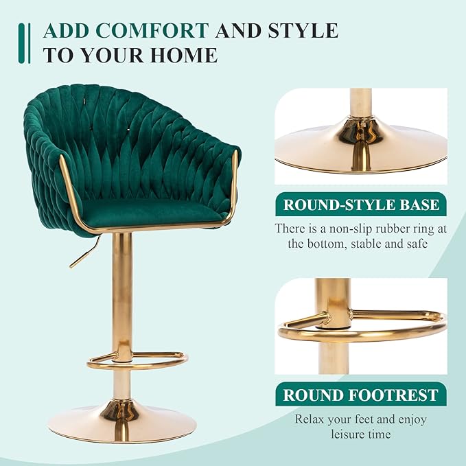 Velvet 360° Swivel Bar Stools with Hand Woven Backrest Design Upholstered Adjustable Counter Bar Stool with Golden Bracket Back and Footrest Bar Chair for Kitchen, Pub (1, Green)